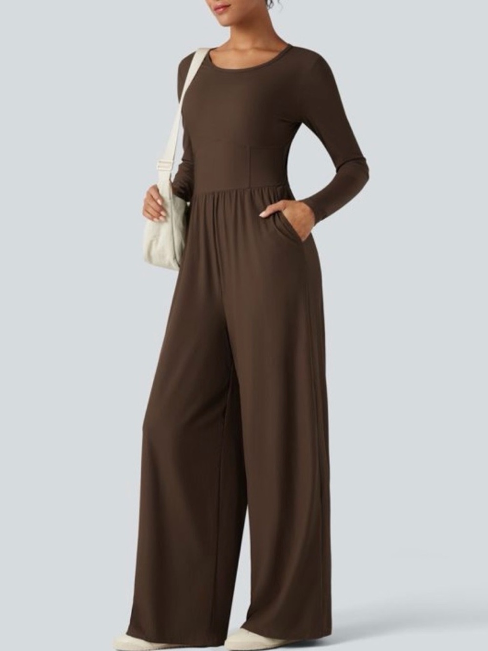 Halara Wide-Leg Long-Sleeve Jumpsuit in Brown Size S NWT